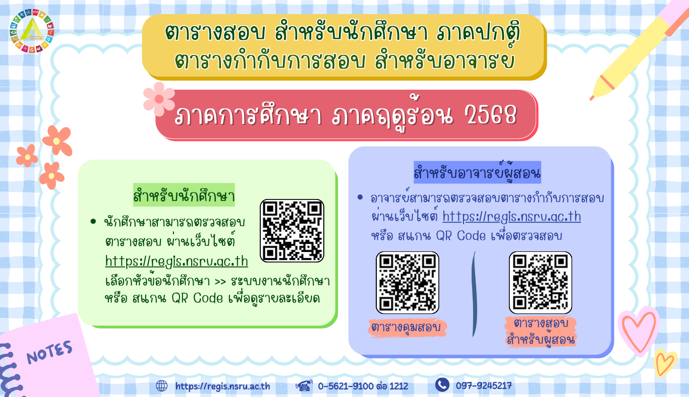 ตารางสอบ ตารางกำกับการสอบ สำหรับนักศึกษาภาคปกติ ภาคการศึกษา ภาคฤดูร้อน 2568